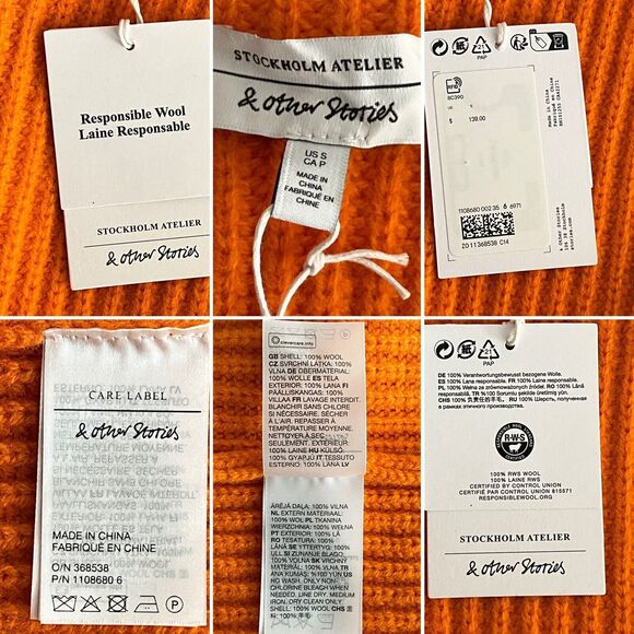 100% Wool Stockholm Atelier & Other Stories S Sweater Ribbed Orange Mock Neck - Picture 3 of 7